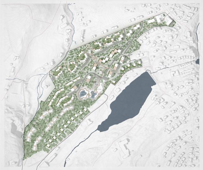 Illustrasjon: LINK Arkitektur. &Aring;sen Vest - boligutvikling i Mjøndalen der tilpasning til området, bevaring av naturkvaliteter og tilknytning til lokalt friluftsliv står sentralt