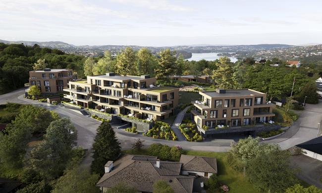De sammensatte, terrasserte bygningskroppene danner klare, avgrensede uterom som styrker stedets karakter og kvaliteten på boligarealene.