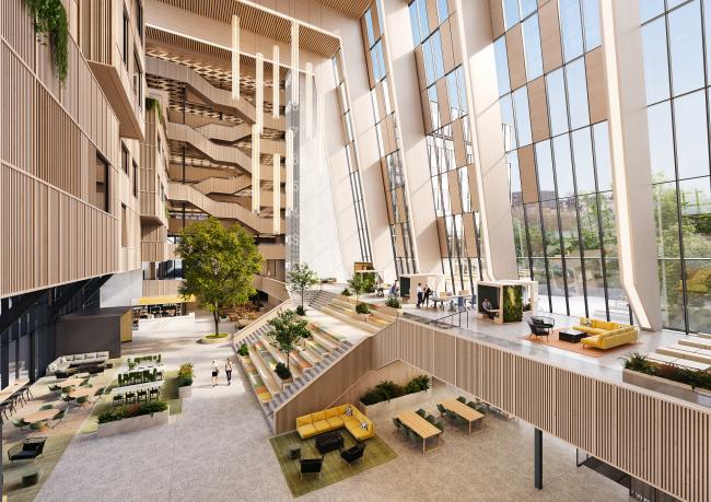 De enorme volumene, og spesielt glasshallen med 35 meters takhøyde stille store krav til alt som har med ventilasjon, varme og kjøling (Foto: Contruction City Eiendom)å gjøre.